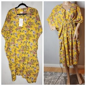 NWT Anokhi Yellow Floral Kaftan Kimono Free Size One Size Cotton